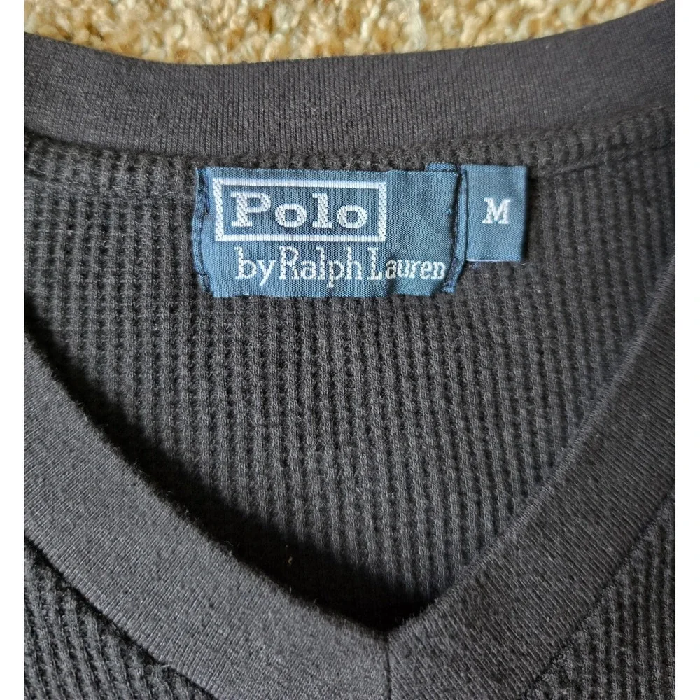 Polo Ralph Lauren Mens Black Waffle Knit Thermal V-Neck Long Sleeve Shirt M